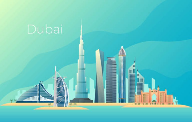 Paysage de la ville de Dubaï. Paysage urbain des Émirats arabes unis vectoriel. Paysage urbain gratte-ciel émirats, paysage skyline tour bâtiment urbain illustration